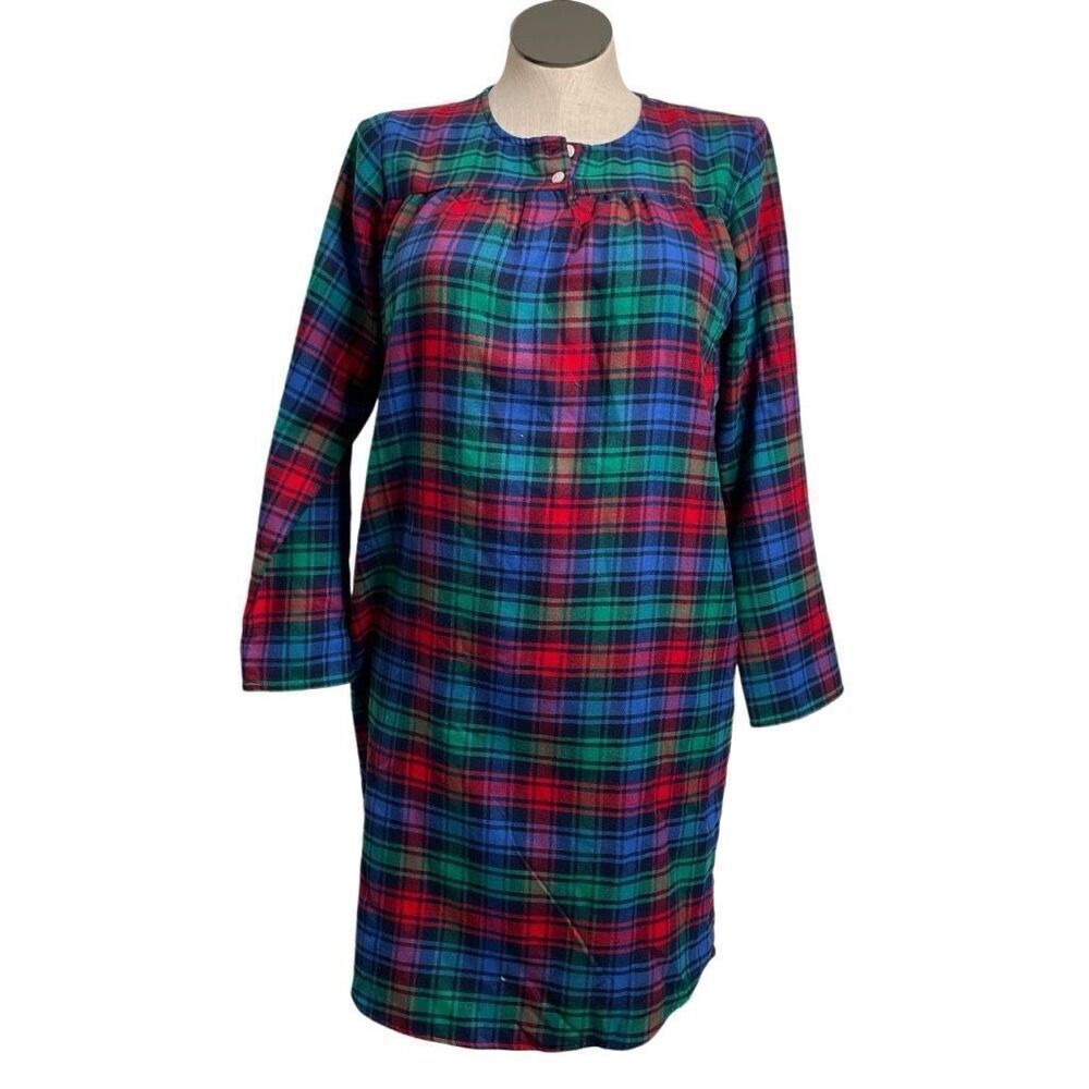 Lands’ End Girls Flannel Nightgown 16 Navy Festive Plaid Flame Resistant